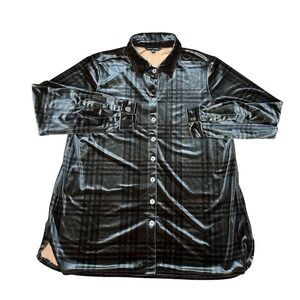 JOHN MARK Stretch Velvet Tunic Top Holiday Tan/Green/Black Plaid Shimmer L